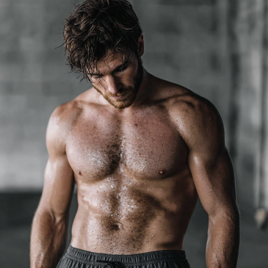 Athletic man in modern training environment displaying peak physical condition and mental focus