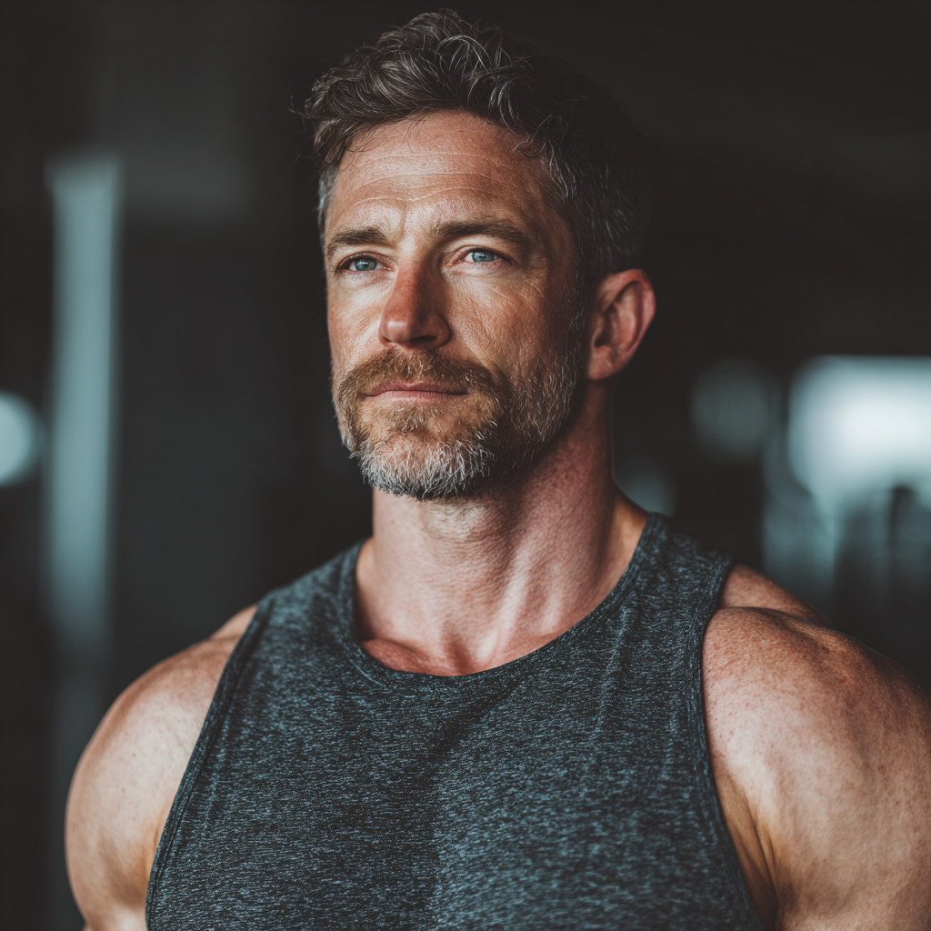 Confident muscular man in gym setting showing determination and focus during workout